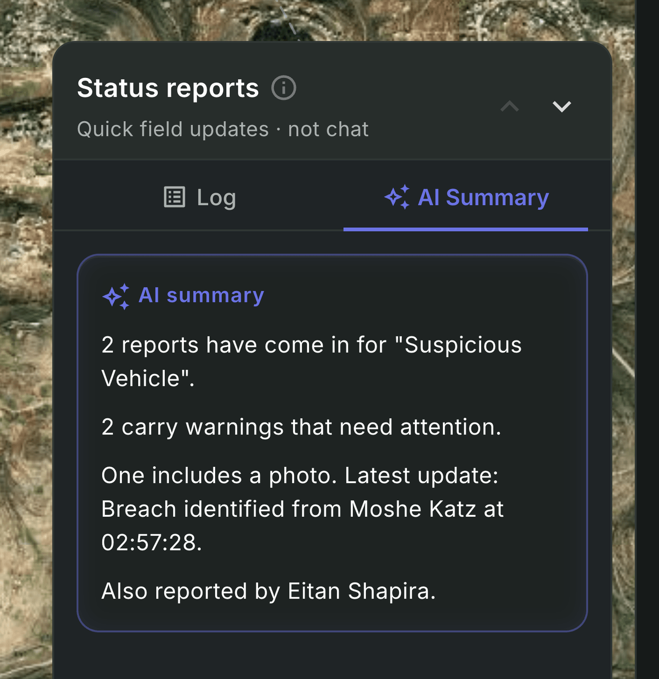 Status reports panel on its AI Summary tab: two reports for a suspicious-vehicle incident, two with warnings, one with a photo; latest update a breach identified by Moshe Katz at 02:57:28, also reported by Eitan Shapira. The Log tab sits beside it.